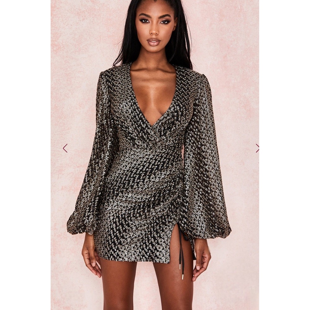 House of CB Arianna Silk Metallic Gold Black Mini Dress Animal Print Large